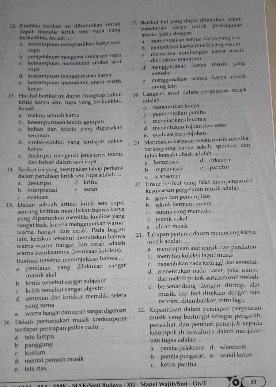 Kualitas berikut ini dibutuhkan untuk 17. Berikut hal yang dapat dilakukan dalam
dapat menulis kritik seni rupa yang penetapan karya untuk pertunjukan
berkualitas, kecuali musik, yaitu dengan ....
a. kemampuan menghasilkan karya seni a. mementaskan semua karya yang ada
rupa b. menyeleksi karya musik yang sesuai
b. pengetahuan mengenai dunia seni rupa c. menerima sumbangan karya musik
c. kemampuan memahami simbol seni dari pihak manapun
rupa d. menggunakan karya musik yang
d. kemampuan mengapresiasi karya tersedia
e. kemampuan memahami unsur estetis e. menggunakan semua karya musik
karya
orang lain
13. Hal-hal berikut ini dapat diungkap dalam 18. Langkah awal dalam pergelaran musik
kritik karya seni rupa yang berkualitas, adalah ....
kecuali ....
a. menentukan karya
a. makna sebuah karya
b. pembentukan panitia
b. kesempurnaan teknik garapan
c. bahan dan teknik yang digunakan c. menyiapkan dekorasi
d. menentukan tujuan dan tema
seniman e. evaluasi pertunjukan
d. ' simbol-simbol yang terdapat dalam 19. Merupakan karya cipta seni musik seketika,
karya
e. deskripsi mengenai jenis-jenis teknik berlangsung hanya sekali, spontan, dan
tidak bersifat abadi adalah ....
dan bahan dalam seni rupa a. komposisi d. orkestra
14. Berikut ini yang merupakan tahap pertama b. improvisasi e partitur
dalam penulisan kritik seni rupa adalah ....
a. deskripsi d. kritik c. aransemen
20. Unsur berikut yang tidak mempengaruhi
b. interpretasi e. saran
kesuksesan pergelaran musik adalah
c. evaluasi
15. Dalam sebuah artikel kritik seni rupa, a. gaya dan penampilan
b. teknik bermain musik
seorang kritikus menuliskan bahwa karya
yang dipamerkan memiliki kualitas yang c. sarana yang memadai
sangat baik, karena menggunakan warna- d. teknik vokal
warna hangat dan cerah. Pada bagian e. aliran musik
lain, kritikus tersebut menuliskan bahwa 21. Tahapan pertama dalam merancang karya
warna-warna hangat dan cerah adalah musik adalah ....
warna kesukaannya (kesukaan kritikus). a. menyiapkan alat musik dan peralatan
Ilustrasi tersebut menunjukkan bahwa .... b. memiliki koleksi lagu/musik
a. penilaian yang dilakukan sangat c. menentukan nada tertinggi dan terendah
masuk akal d. menentukan nada dasar, pola irama,
b. kritik tersebut sangat subjektif dan melodi pokok serta seluruh melodi
c. kritik tersebut sangat objektif e. bersenandung dengan diiringi alat
d. seniman dan kritikus memiliki selera musik, tiap bait direkam dengan tape
recorder, ditambahkan intro lagu
yang sama
e. warna hangat dan cerah sangat digemari 22. Kepanitiaan dalam persiapan pergelaran
16. Dalam pertunjukan musik kontemporer musik yang berfungsi sebagai pengarah,
terdapat persiapan psikis yaitu .... penasihat, dan pemberi petunjuk kepada
a. tata lampu kelompok di bawahnya dalam menjalan-
kan tugas adalah ....
b. panggung
c. kostum a. panitia pelaksana d. sekretaris
d. mental pemain musik b.  panitia pengarah e. wakil ketua
e. tata rias c. ketua panitia
- SMK - MAK/Seni Budava - XII - Mapel Wajib/Smt - Gn/T Tô 33