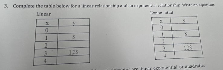 Complete the table below for a linear relationship and an exponential relationship. Write an equation. 
Linear Exponential 

hins are linear exponential, or quadratic.