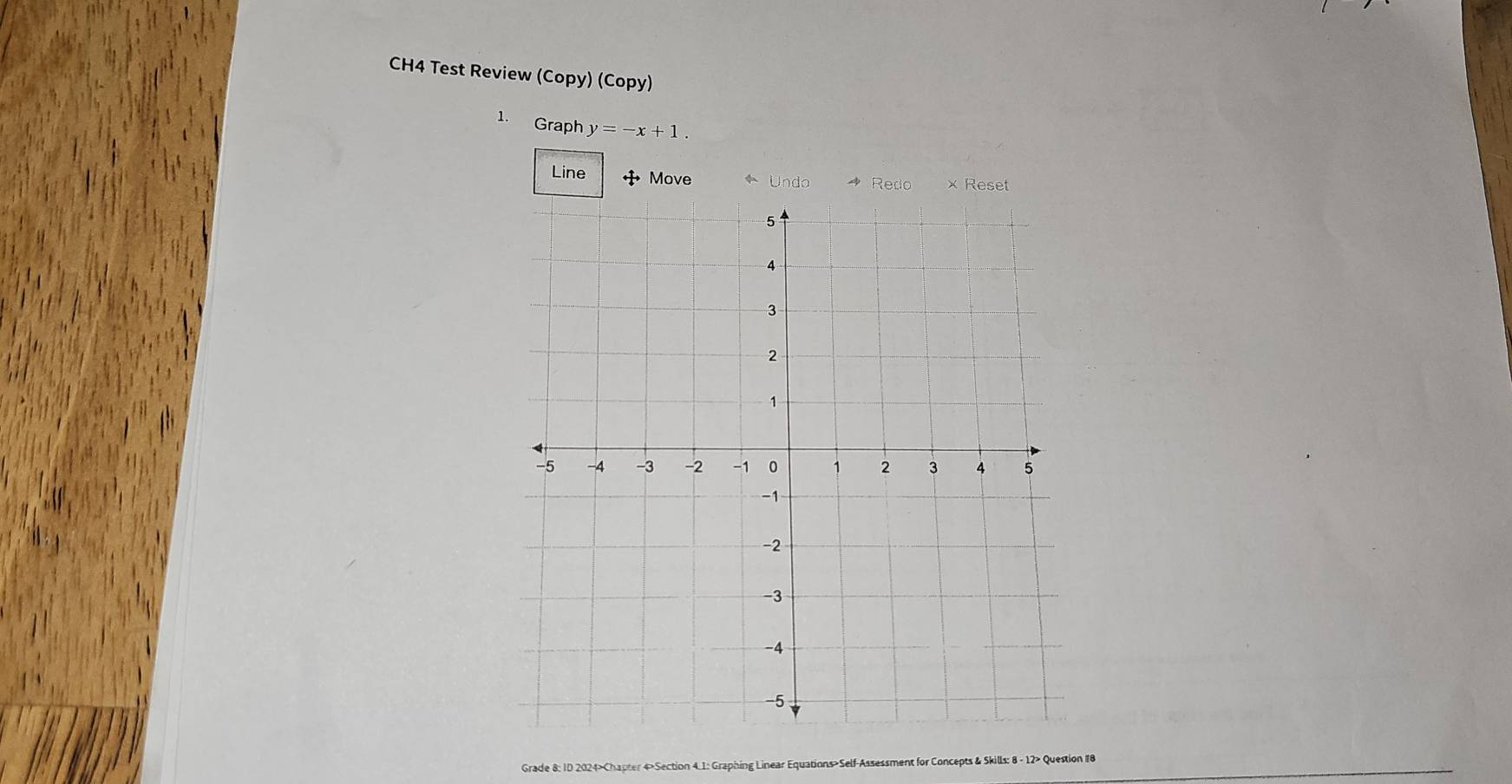 CH4 Test Review (Copy) (Copy) 
1. Graph y=-x+1. 
Line + Move ← Undo → Redo × Reset 
Grade 8: ID 2024>Chapter 4>Section 4.1: Graphing Linear Equations>Self-Assessment for Concepts & Skills: 8 - 12> Question #8