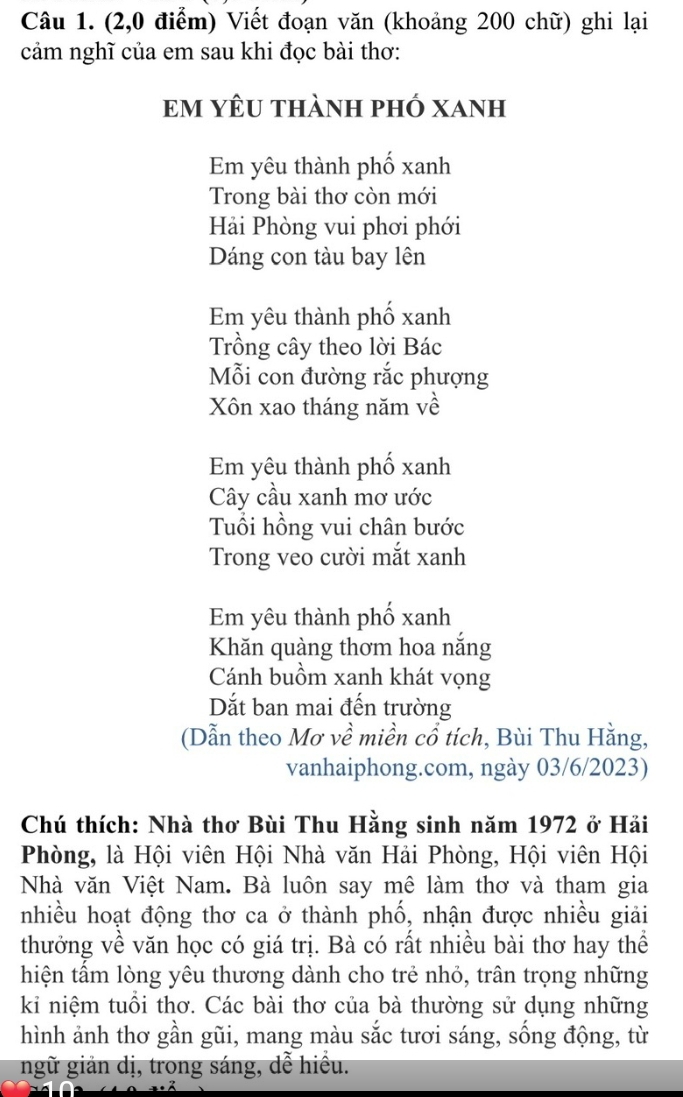 (2,0 điểm) Viết đoạn văn (khoảng 200 chữ) ghi lại 
cảm nghĩ của em sau khi đọc bài thơ: 
Em yêu thành phố xanh 
Em yêu thành phố xanh 
Trong bài thơ còn mới 
Hải Phòng vui phơi phới 
Dáng con tàu bay lên 
Em yêu thành phố xanh 
Trồng cây theo lời Bác 
Mỗi con đường rắc phượng 
Xôn xao tháng năm về 
Em yêu thành phố xanh 
Cây cầu xanh mơ ước 
Tuổi hồng vui chân bước 
Trong veo cười mắt xanh 
Em yêu thành phố xanh 
Khăn quàng thơm hoa nắng 
Cánh buồm xanh khát vọng 
Dắt ban mai đến trường 
(Dẫn theo Mơ về miền cổ tích, Bùi Thu Hằng, 
vanhaiphong.com, ngày 03/6/2023) 
Chú thích: Nhà thơ Bùi Thu Hằng sinh năm 1972 ở Hải 
Phòng, là Hội viên Hội Nhà văn Hải Phòng, Hội viên Hội 
Nhà văn Việt Nam. Bà luôn say mê làm thơ và tham gia 
nhiều hoạt động thơ ca ở thành phố, nhận được nhiều giải 
thưởng về văn học có giá trị. Bà có rất nhiều bài thơ hay thể 
hiện tầm lòng yêu thương dành cho trẻ nhỏ, trân trọng những 
ki niệm tuổi thơ. Các bài thơ của bà thường sử dụng những 
hình ảnh thơ gần gũi, mang màu sắc tươi sáng, sống động, từ 
ngữ giản dị, trong sáng, dễ hiều.