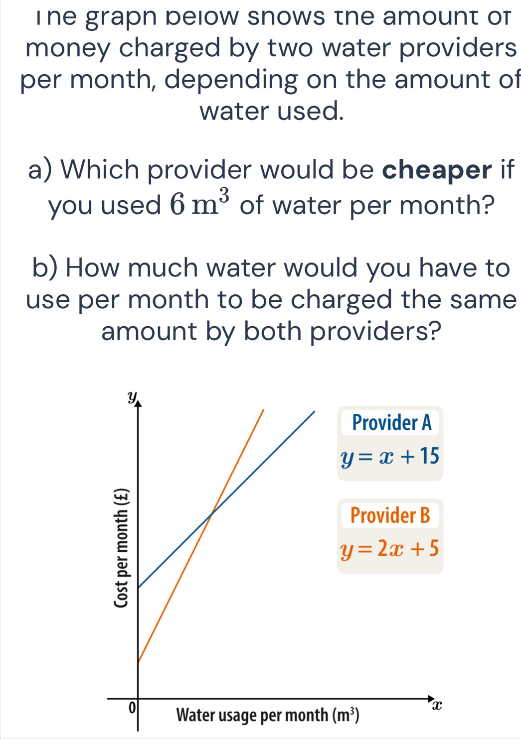 The grapn below snows the amount of
money charged by two water providers
per month, depending on the amount of
water used.
a) Which provider would be cheaper if
you used 6m^3 of water per month?
b) How much water would you have to
use per month to be charged the same
amount by both providers?