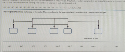 tar wng the numnoo al indormation of a new resipe. They took a random semple of ao serenes of the cereal and ma 
the number of calories in each serving. The number of calories in each serving are listed.
143. 145, 147, 150, 150, 152, 157, 159. 160, 160, 161, 163, 164, 165, 165, 168. 173, 175, 177. 180
The box plot shown is a summary of the data. Move numbers to the spaces to label the values and complete the box plot 
*not drawn to scale
143 145 150 151 160.5 160.7 165 166.5 177 180