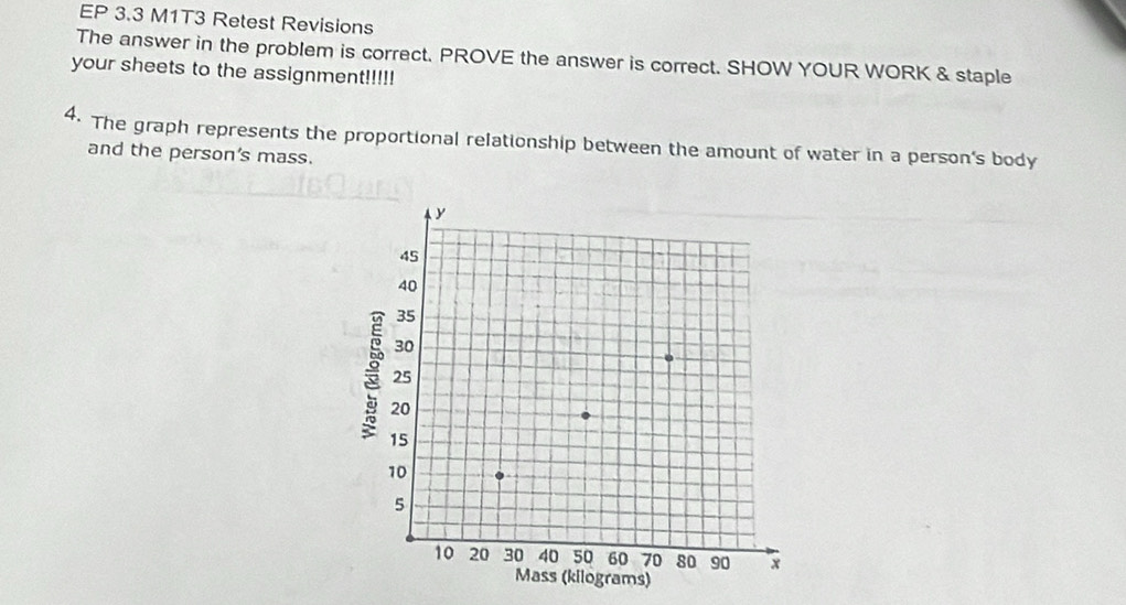 EP 3.3 M1T3 Retest Revisions 
The answer in the problem is correct. PROVE the answer is correct. SHOW YOUR WORK & staple 
your sheets to the assignment!!!!! 
4. The graph represents the proportional relationship between the amount of water in a person's body 
and the person's mass.