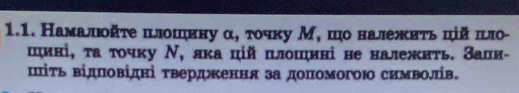 Намалοйτе πлошину α, τοчκу М, шο належиτь πй шλιο- 
цині, τа τοчκу Ν, яка цій плошині не належиτь. Зали- 
піτь Βідповідні τвердкення за доπомогою символів.