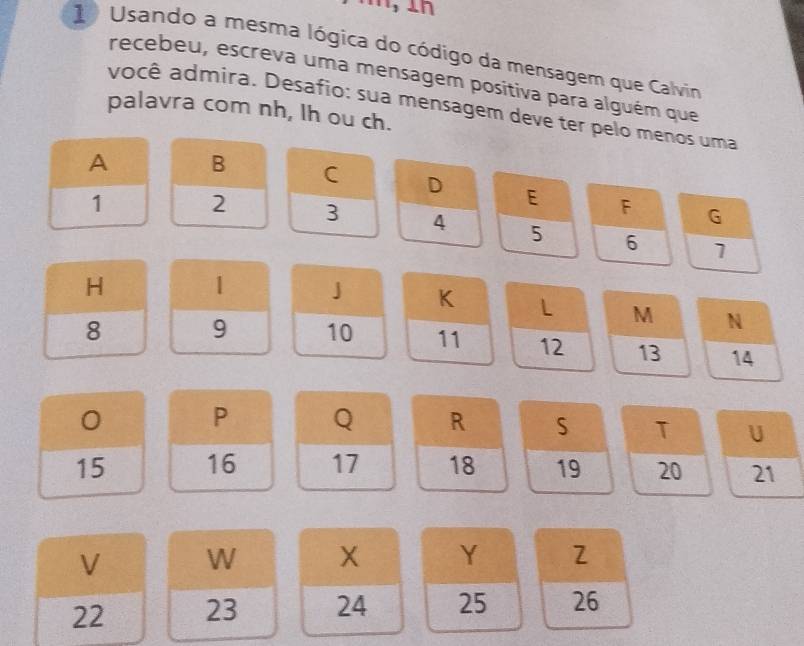 Usando a mesma lógica do código da mensagem que Calvin 
recebeu, escreva uma mensagem positiva para alguém que 
você admira. Desafio: sua mensagem deve ter pelo menos uma 
palavra com nh, lh ou ch. 
A B C D E F G
1 2 3 4 5 6 1
H 1 」 K L M N
8 9 10 11 12 13 14
0 P Q R S T U
15 16 17 18 19 20 21
V W × Y Z
22 23 24 25 26