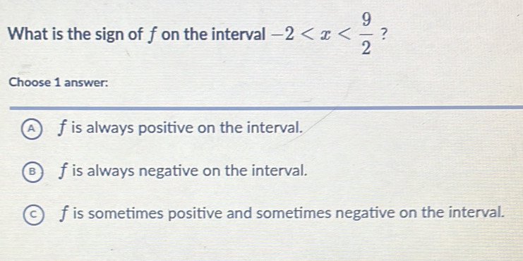 What is the sign of f on the interval -2 ?
Choose 1 answer:
a f is always positive on the interval.
B f is always negative on the interval.
c) f is sometimes positive and sometimes negative on the interval.