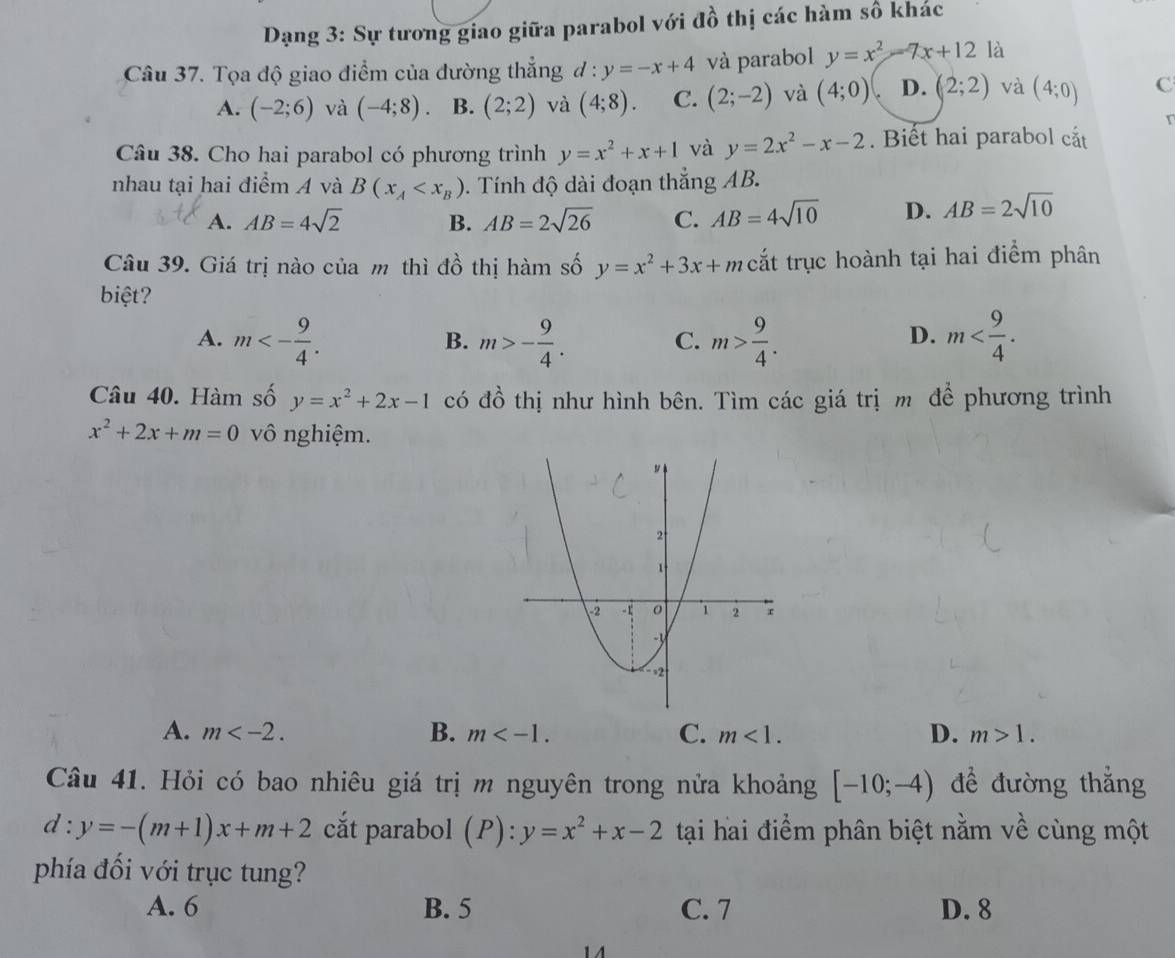 Dạng 3: Sự tương giao giữa parabol với đồ thị các hàm số khác
Câầu 37. Tọa độ giao điểm của đường thẳng đ : y=-x+4 và parabol y=x^2-7x+12 là
A. (-2;6) và (-4;8). B. (2;2) và (4;8). C. (2;-2) và (4;0) D. (2;2) và (4;0) C
r
Câu 38. Cho hai parabol có phương trình y=x^2+x+1 và y=2x^2-x-2. Biết hai parabol cắt
nhau tại hai điểm A và B(x_A .  Tính độ dài đoạn thẳng AB.
A. AB=4sqrt(2) B. AB=2sqrt(26) C. AB=4sqrt(10) D. AB=2sqrt(10)
Câu 39. Giá trị nào của m thì đồ thị hàm số y=x^2+3x+m cắt trục hoành tại hai điểm phân
biệt?
A. m<- 9/4 . m>- 9/4 . C. m> 9/4 . m
B.
D.
Câu 40. Hàm số y=x^2+2x-1 có đồ thị như hình bên. Tìm các giá trị m để phương trình
x^2+2x+m=0 vô nghiệm.
A. m B. m C. m<1. D. m>1.
Câu 41. Hỏi có bao nhiêu giá trị m nguyên trong nửa khoảng [-10;-4) đề đường thắng
d:y=-(m+1)x+m+2 cắt parabol (P): y=x^2+x-2 tại hai điểm phân biệt nằm về cùng một
phía đối với trục tung?
A. 6 B. 5 C. 7 D. 8
14