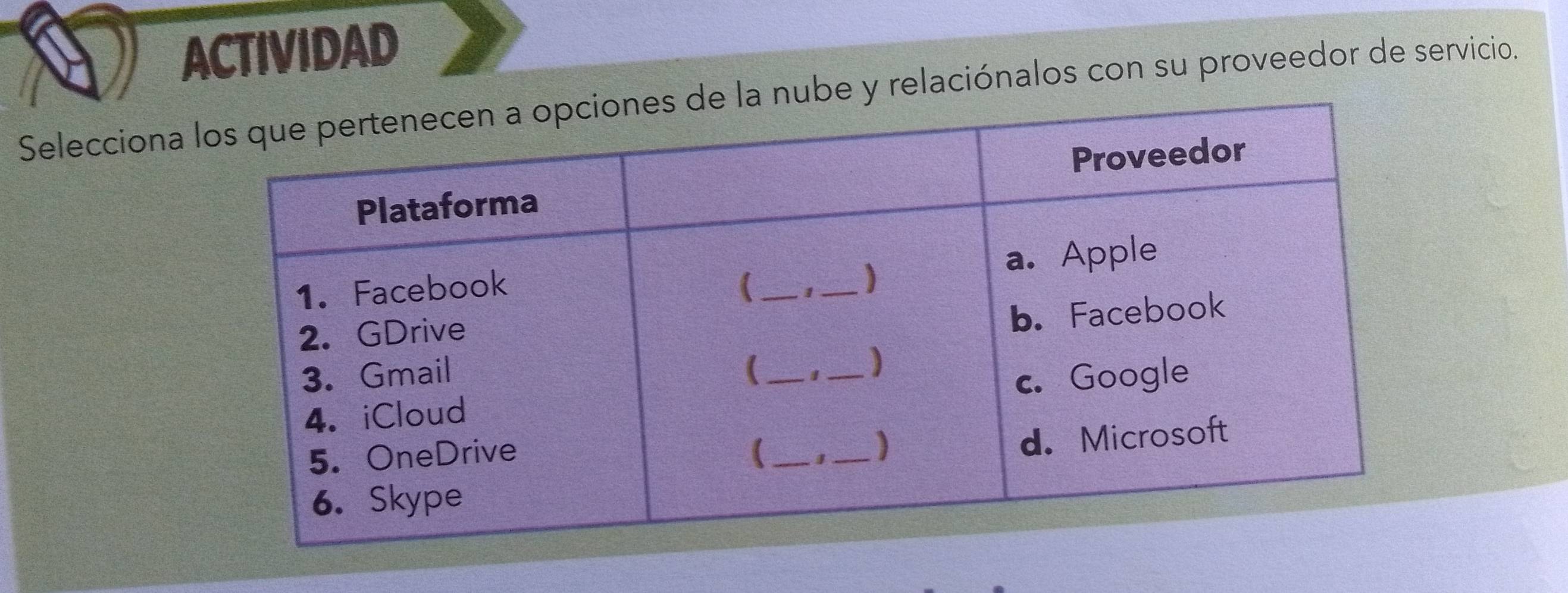 ACTIVIDAD 
Seleccionae y relaciónalos con su proveedor de servicio.