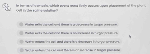 In terms of osmosis, which event most likely occurs upon placement of the plant
cell in the saline solution?
Water exits the cell and there is a decrease in turgor pressure.
Water exits the cell and there is an increase in turgor pressure.
Water enters the cell and there is a decrease in turgor pressure.
Water enters the cell and there is an increase in turgor pressure.