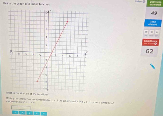 Video ⑨ Questions 
This is the graph of a linear function. answered
49
Time 
clapsed 
∞ 54 24. 
SmartScore 
ous of 192 O
62
ain of the function? 
Write your answer as an equation like x=5
iequality like 2≤ x<4</tex>. , as an inequality like y>3 , or as a compound 
c s z