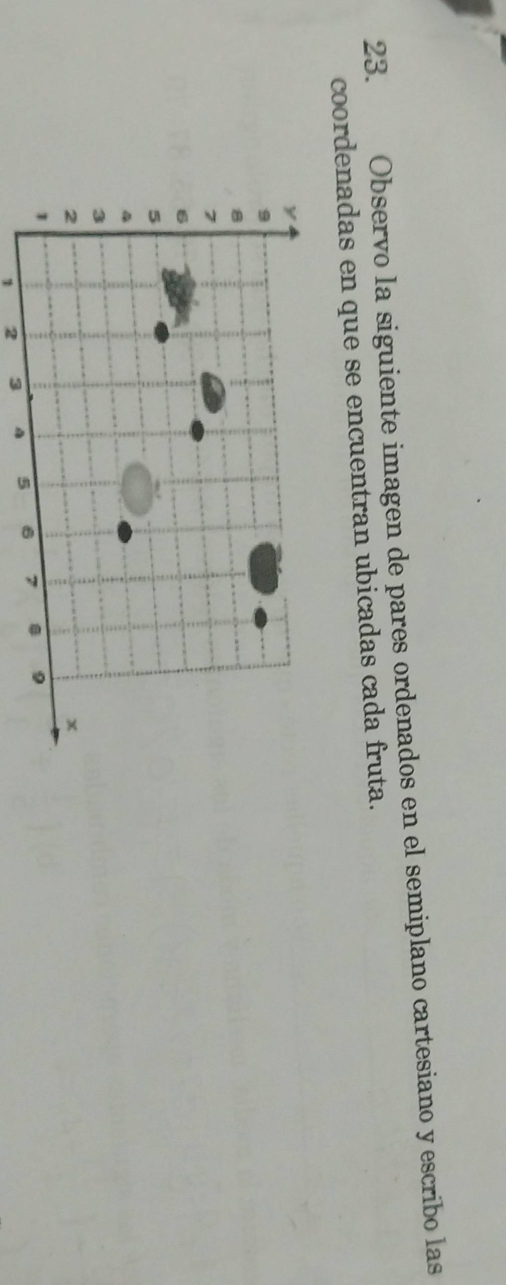 Observo la siguiente imagen de pares ordenados en el semiplano cartesiano y escribo las 
coordenadas en que se encuentran ubicadas cada fruta.
1 2 3