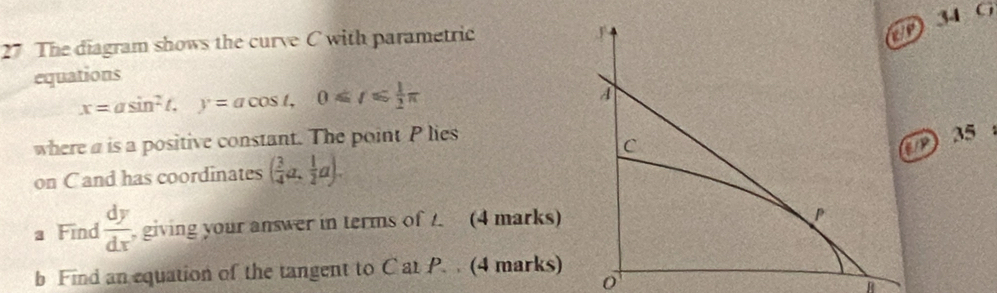 The diagram shows the curve C with parametric 
equations
x=asin^2t, y=acos t, 0≤slant t≤slant  1/2 π
where a is a positive constant. The point P lies 
35 
on C and has coordinates ( 3/4 a, 1/2 a). 
a Find  dy/dx  giving your answer in terms of t. (4 marks) 
b Find an equation of the tangent to C at P. (4 marks)