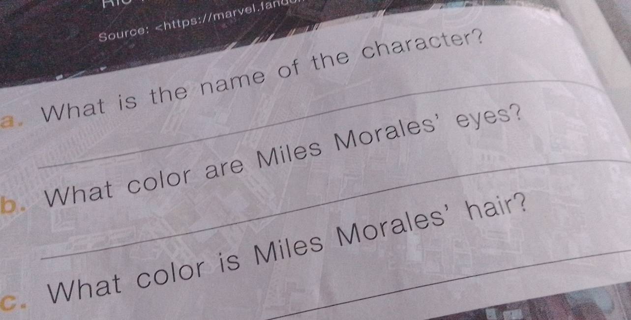 Source: Miles Morales' eyes? 
What color is Miles Morales' hair?