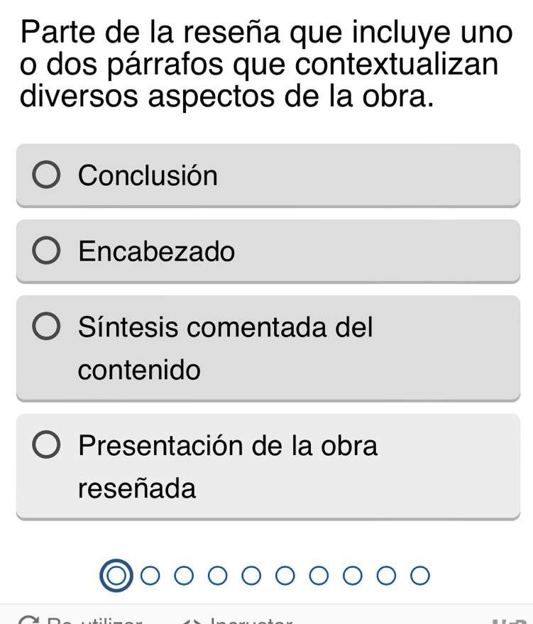 Parte de la reseña que incluye uno 
o dos párrafos que contextualizan 
diversos aspectos de la obra. 
Conclusión 
Encabezado 
Síntesis comentada del 
contenido 
Presentación de la obra 
reseñada