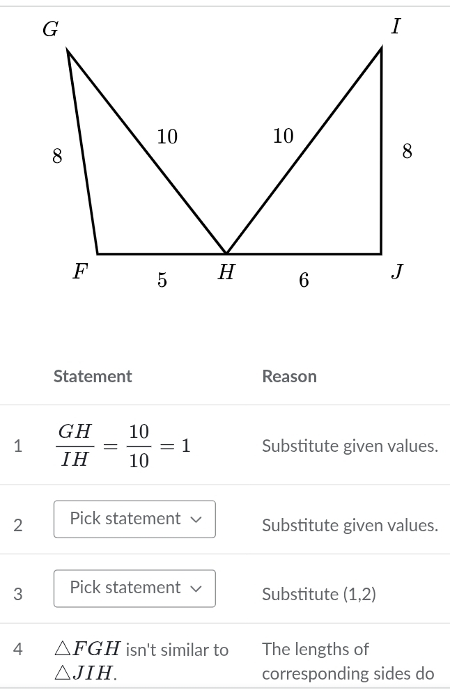 Statement Reason 
1  GH/IH = 10/10 =1 Substitute given values. 
2 Pick statement 
Substitute given values. 
3 Pick statement Substitute (1,2)
4 △ FGH isn't similar to The lengths of
△ JIH. corresponding sides do