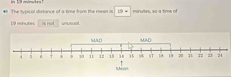 in 19 minutes? 
The typical distance of a time from the mean is 19 minutes, so a time of
19 minutes is not unusual.