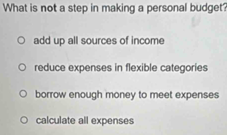 What is not a step in making a personal budget?
add up all sources of income
reduce expenses in flexible categories
borrow enough money to meet expenses
calculate all expenses