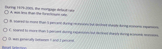 During 1979-2005, the mortgage default rate
A. was less than the foreclosure rate.
B. soared to more than 5 percent during recessions but declined sharply during economic expansions.
C. soared to more than 5 percent during expansions but declined sharply during economic recessions.
D. was generally between 1 and 2 percent.
Reset Selection