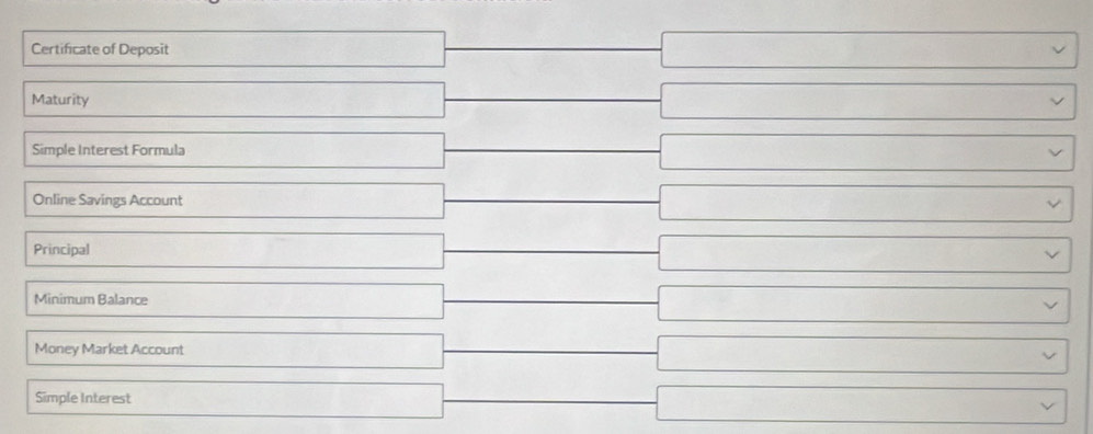 Certificate of Deposit □ _  □ 
Maturity □ | □ 
Simple Interest Formula □ _ □ ( -□ 
Online Savings Account □ frac  □ 
Principal 
□ _  □ vee
Minimum Balance □ _  □ vee
Money Market Account □ _ -sqrt() □ 
Simple Interest □ _  □ vee