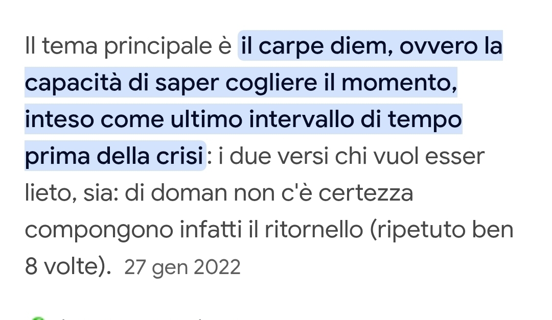 Il tema principale è il carpe diem, ovvero la 
capacità di saper cogliere il momento, 
inteso come ultimo intervallo di tempo 
prima della crisi : i due versi chi vuol esser 
lieto, sia: di doman non c'è certezza 
compongono infatti il ritornello (ripetuto ben 
8 volte). 27 gen 2022