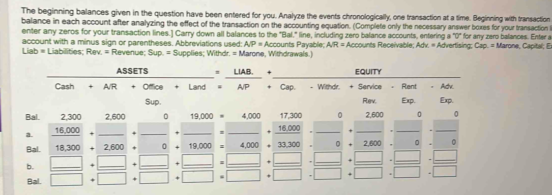 The beginning balances given in the question have been entered for you. Analyze the events chronologically, one transaction at a time. Beginning with transaction 
balance in each account after analyzing the effect of the transaction on the accounting equation. (Complete only the necessary answer boxes for your transaction 
enter any zeros for your transaction lines.] Carry down all balances to the "Bal." line, including zero balance accounts, entering a "0" for any zero balances. Enter a 
account with a minus sign or parentheses. Abbreviations used: A/P= A Accounts Payable; A/R= Accounts Receivable; Adv. = Advertising; Cap. = Marone, Capital; E
Liab=Liabilities; Rev.=Revenue; Sup.=Supplies; Withdr.= Marone, Withdrawals.) 
EQUITY
 ASSETS/Cash+AR+Office+Land = (LIAB.)/AP +frac Cap.-Withdr. + Service - Rent Adv. 
Sup. Rev. Exp. Exp. 
Bal.
2,000 □  0 □  0 
a. 
_ 
__ 
_ 
Bal. 
b. beginarrayr □ +□ +□ +□ =□ +□ +□ · □ · □ ·  □ /□ +□ +□ +□ · □  □ = □ /□  
Bal.