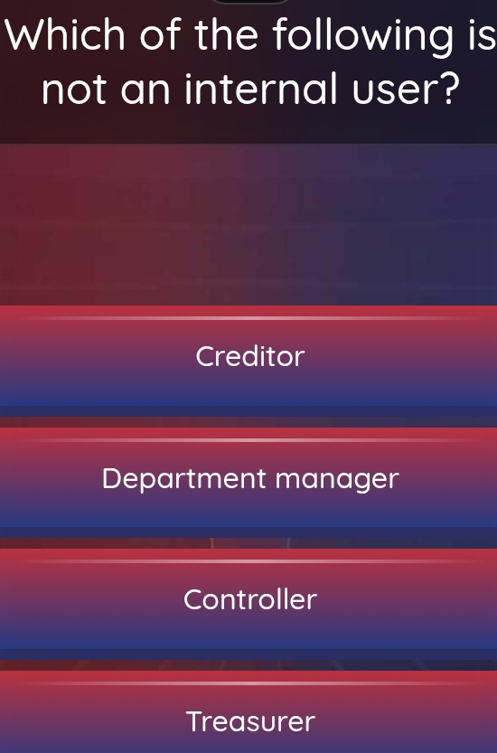 Which of the following is
not an internal user?
Creditor
Department manager
Controller
Treasurer