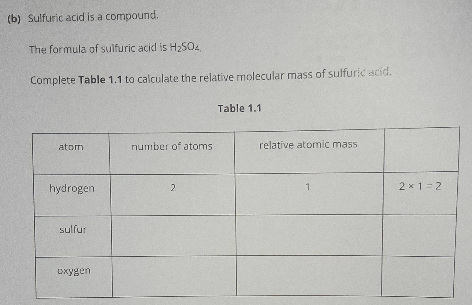 Sulfuric acid is a compound.
The formula of sulfuric acid is H_2SO_4.
Complete Table 1.1 to calculate the relative molecular mass of sulfuric acid.
Table 1.1