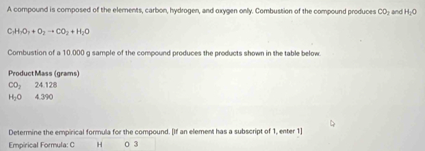 A compound is composed of the elements, carbon, hydrogen, and oxygen only. Combustion of the compound produces CO_2 and H_2O
C_2H_7O_7+O_2to CO_2+H_2O
Combustion of a 10.000 g sample of the compound produces the products shown in the table below. 
Product Mass (grams)
CO_224.128
H_2O4.390
Determine the empirical formula for the compound. [If an element has a subscript of 1, enter 1] 
Empirical Formula: C H 0 3