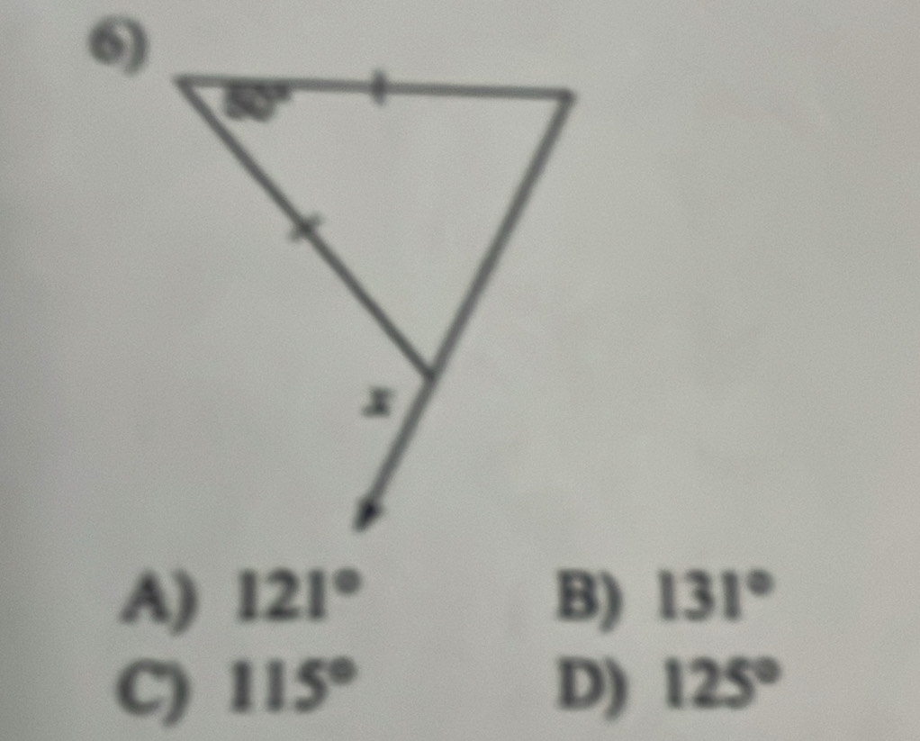 A) 121° B) 131°
C) 115° D) 125°