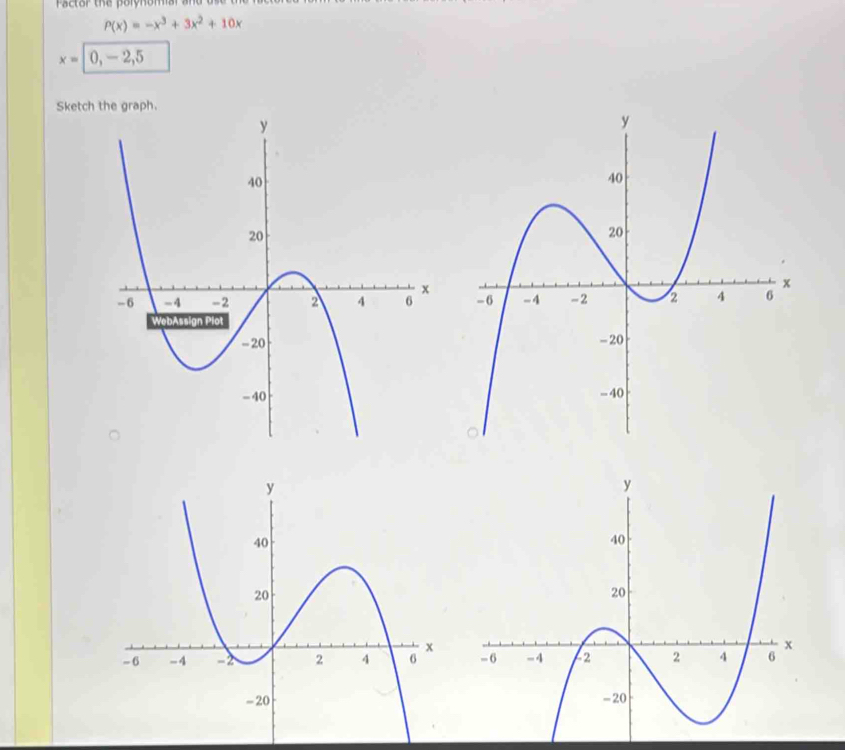 P(x)=-x^3+3x^2+10x
x= 0, - 2, 5
Sketch the graph.