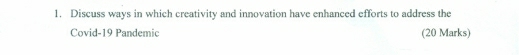 Discuss ways in which creativity and innovation have enhanced efforts to address the 
Covid-19 Pandemic (20 Marks)