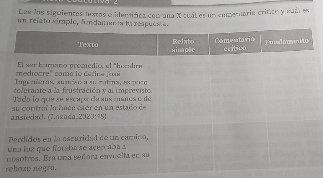 Lee los siguientes textos e identifica con una X cuál es un comentario crítico y cuál es
un relato simple, funda
n
r