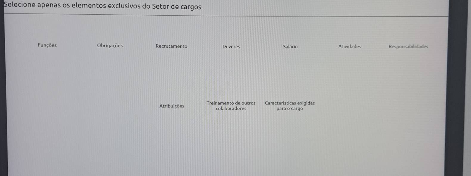 Selecione apenas os elementos exclusivos do Setor de cargos 
Funções Obrigações Recrutamento Deveres Salário Atividades Responsabilidades 
Atribuições Treinamento de outros Características exigidas 
colaboradores para o cargo