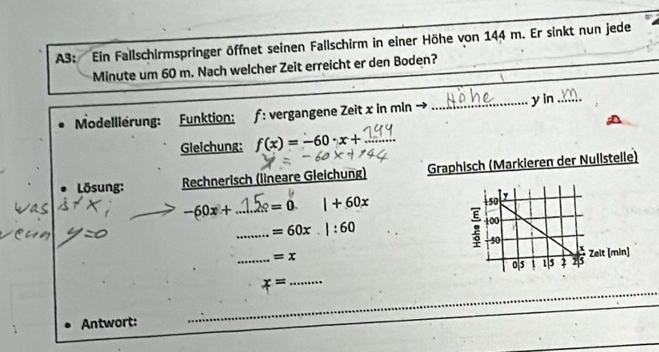 AB: Ein Fallschirmspringer öffnet seinen Fallschirm in einer Höhe von 144 m. Er sinkt nun jede 
Minute um 60 m. Nach welcher Zeit erreicht er den Boden? 
Modellierung: Funktion: f : vergangene Zeit x in min → _ y in_ 
Gleichung: f(x)=-60· x+ _ 
Lösung: Rechnerisch (lineare Gleichung) Graphisch (Markieren der Nullstelle)
-60x+ _  =0. I+60x
_ =60x|:60
_ =x
_ x=
Antwort: 
_