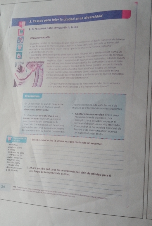 J 2. Textos para tejer la unidad en la diversidad
2. El resumen para compartir lo leido
El jarabe tapatío
E jarabe tapatio es considerado por muchas personas un baile nacional de Méxnco
y, por lo mismo, es muy conocido dentro y fuera del pais. Se baila al ntmo de
y el hombre de charró mariachi y fos bailannes visten trales típicos: la mujer de ''china poblana''
Este bale tiène sus origenes en la época de la Revolución y se desarrolló como un
estaadarte de la unidad iicional, por lo que incluye to más representativo de diversas
regiones. Esta conjugación de expresiones culturales, aderas cuenta
con influencias internaciónades dados los instrumentos que se usan
en su música y es por eso que se le flama ''jarabe', es decir mézcla
Aunque la palabra tapatío hace alusión al estado de Jalisco
y es ahí donde se ha considerado como propió, este bálle es una
conpregación de diferentes bailes y culturas, por lo que se considera
una manifestación artística intercultural
De que manera explicarías la información del texto anterion
con palabras más sencillas y de manera más breve?
El resumen
En un resumen se puede compartir Algunas funciones de esta técnica de
de manera síntetizada el contenido de un texto original registro de información son las siguientes
Contar con esa versión breve para
En el resumen se conservan las recuperaria más adelante, por
ídeas centrales del escrito original ejemplo, para estudiar, repasar el
prácticamente sin cambios en la tema o elaborár un escrito derivado
redacción. Sin embargo, en ocasiones Comprobar la capacidad personal de
está debe ajustarse para que el nuevo Tectura y de memorización acerca
texto cuente con su propía coñerencia. del contenido del texto.
_
cavrco Escribe cuándo fue la última vez que realizaste un resumen.
Igentificar
e ideas palabras clave_
contribuye a la centrales no solo_
_
nesumen, sng redacción de un_
tu capocidad que desarrolía
y de sintesis de comprensión
_
2. Ahora escribe qué usos de un resumen han sido de utilidad para tí
a lo largo de tu trayectoría escolar.
_
_
24 PDA: Comprende lal stes contrales y secunderes de textos relacionados con la dirsonsidad etracax, cultural y linguistica
que fiomont une socedad interculturat, por comentarles in forma beal y esonts