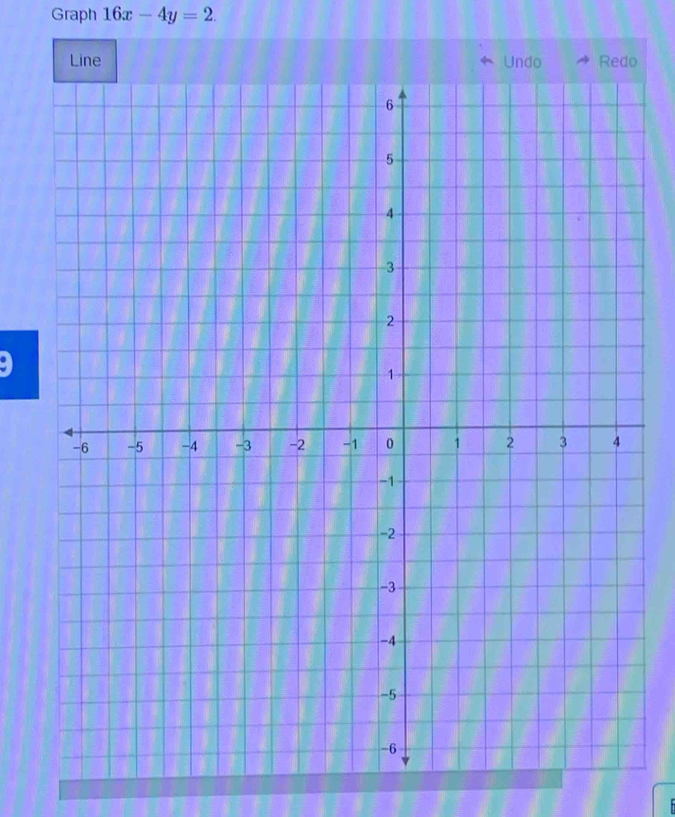 Graph 16x-4y=2. 
Line Undo Redo