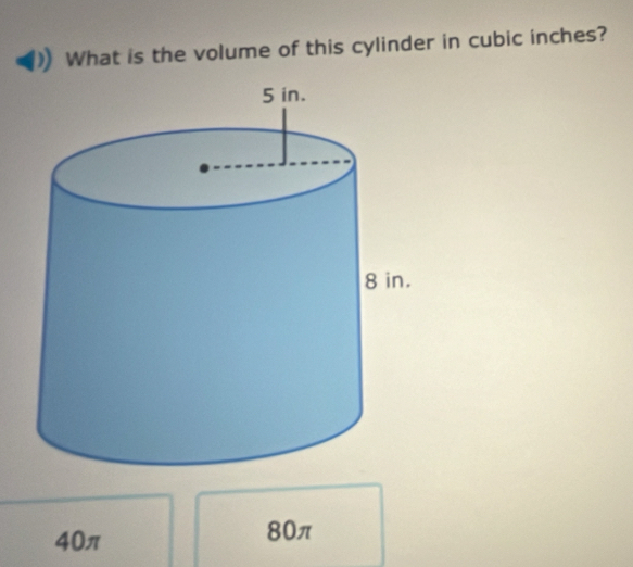 What is the volume of this cylinder in cubic inches?
40π
80π