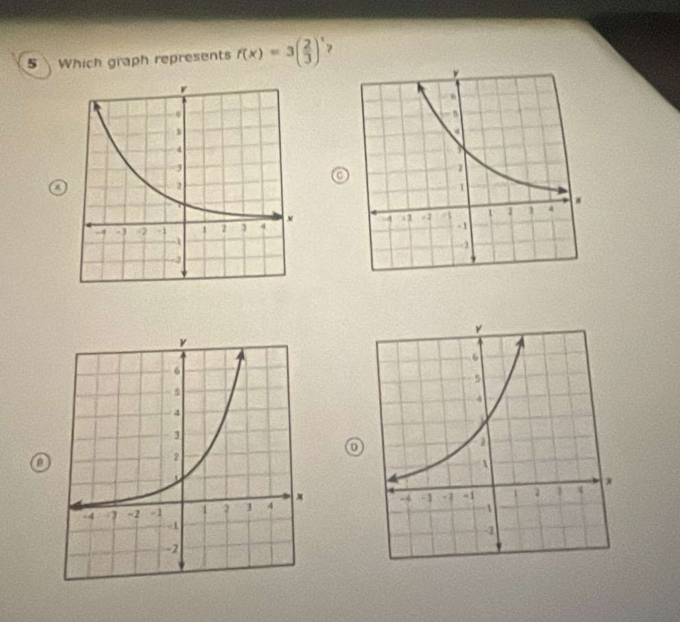 Which graph represent f(x)=3( 2/3 )^x 7 
C 
a 
D