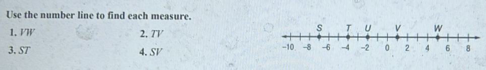 Use the number line to find each measure. 
1. VW 2. TV
3. ST 4. SV