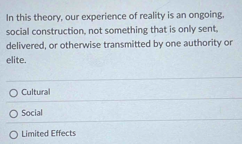 In this theory, our experience of reality is an ongoing,
social construction, not something that is only sent,
delivered, or otherwise transmitted by one authority or
elite.
Cultural
Social
Limited Effects