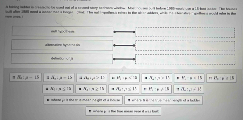 A folding ladder is created to be used out of a second-story bedroom window. Most houses built before 1985 would use a 15-foot ladder. The houses
buit after 1985 need a ladder that is longer. (Hint: The null hypothesis refers to the older ladders, while the alternative hypothesis would refer to the
new ones.)
null hypothesis
alternative hypothesis
definition of μ
:: H_0:mu =15 :: H_a:mu =15 :: H_0:mu >15 :: H_0:mu <15</tex> :: H_a:mu >15 :: H_a:mu <15</tex> :: H_0:mu ≥ 15
:: H_0:mu ≤ 15 :: H_a:mu ≥ 15 :: H_a:mu ≤ 15 H_0:mu != 15 :: H_a:mu != 15
# where μ is the true mean height of a house : where μ is the true mean length of a ladder
: where μ is the true mean year it was built