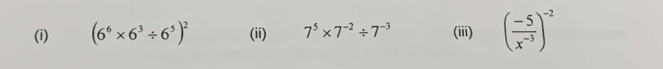 (6^6* 6^3/ 6^5)^2 (ii) 7^5* 7^(-2)/ 7^(-3) (iii) ( (-5)/x^(-3) )^-2