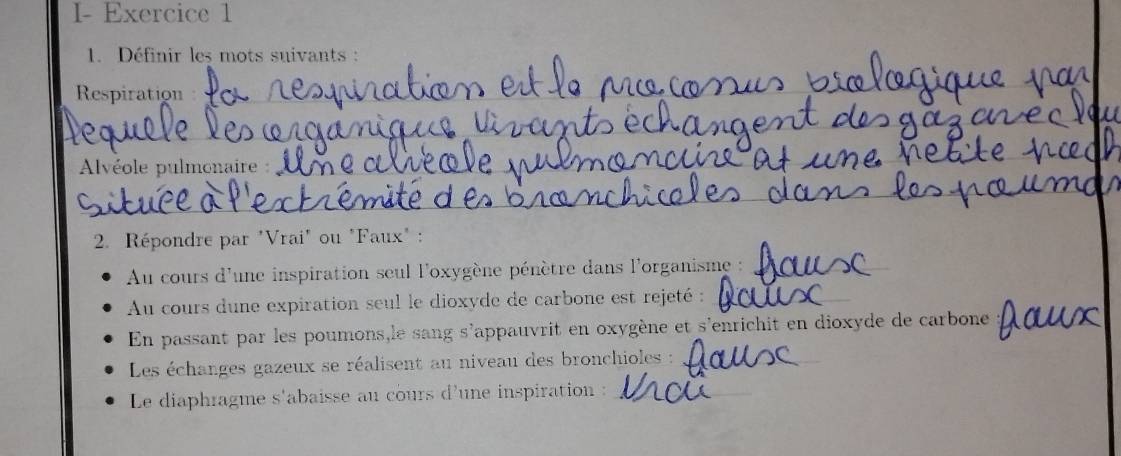 I- Exercice 1 
1. Définir les mots suivants : 
Respiration_ 
_ 
Alvéole pulmonaire : 
_ 
_ 
2. Répondre par "Vrai" ou "Faux" : 
Au cours d'une inspiration seul l'oxygène pénètre dans l'organisme :_ 
Au cours dune expiration seul le dioxyde de carbone est rejeté :_ 
En passant par les poumons,le sang s'appauvrit en oxygène et s'enrichit en dioxyde de carbone 
Les échanges gazeux se réalisent au niveau des bronchioles :_ 
Le diaphragme s'abaisse au cours d'une inspiration :_