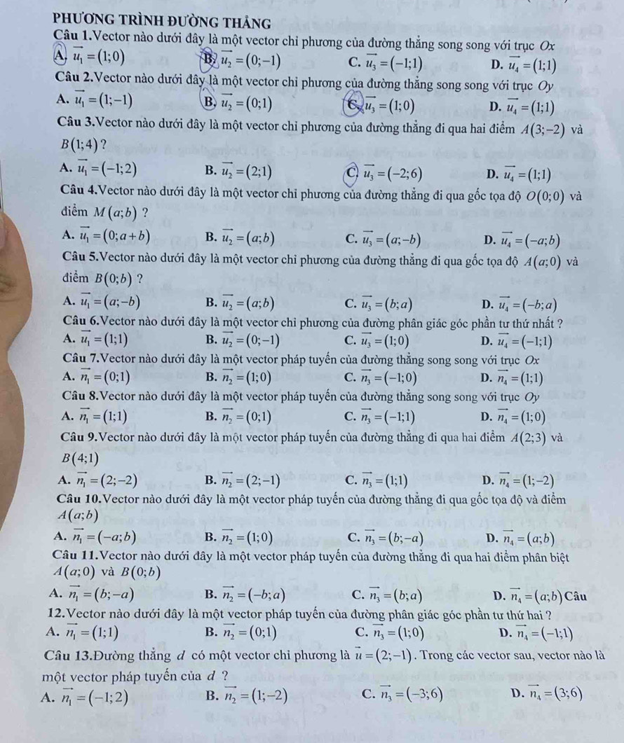 phươnG tRÌNH đườnG thảng
Câu 1.Vector nào dưới đây là một vector chỉ phương của đường thẳng song song với trục Ox
A vector u_1=(1;0)
B vector u_2=(0;-1) C. vector u_3=(-1;1) D. vector u_4=(1;1)
Câu 2.Vector nào dưới đây là một vector chỉ phương của đường thẳng song song với trục Oy
A. vector u_1=(1;-1) B, vector u_2=(0;1) C vector u_3=(1;0) D. vector u_4=(1;1)
Câu 3.Vector nào dưới đây là một vector chỉ phương của đường thẳng đi qua hai điểm A(3;-2) và
B(1;4) ?
A. vector u_1=(-1;2) B. vector u_2=(2;1) C vector u_3=(-2;6) D. vector u_4=(1;1)
Câu 4.Vector nào dưới đây là một vector chỉ phương của đường thẳng đi qua gốc tọa độ O(0;0) và
điểm M(a;b) ?
A. vector u_1=(0;a+b) B. vector u_2=(a;b) C. vector u_3=(a;-b) D. vector u_4=(-a;b)
Câu 5.Vector nào dưới đây là một vector chỉ phương của đường thẳng đi qua gốc tọa độ A(a;0) và
điểm B(0;b) ?
A. vector u_1=(a;-b) B. vector u_2=(a;b) C. vector u_3=(b;a) D. vector u_4=(-b;a)
Câu 6.Vector nào dưới đây là một vector chỉ phương của đường phân giác góc phần tư thứ nhất ?
A. vector u_1=(1;1) B. vector u_2=(0;-1) C. vector u_3=(1;0) D. vector u_4=(-1;1)
Câu 7.Vector nào dưới đây là một vector pháp tuyến của đường thẳng song song với trục Ox
A. vector n_1=(0;1) B. vector n_2=(1;0) C. vector n_3=(-1;0) D. vector n_4=(1;1)
Câu 8.Vector nào dưới đây là một vector pháp tuyến của đường thẳng song song với trục Oy
A. vector n_1=(1;1) B. vector n_2=(0;1) C. vector n_3=(-1;1) D. vector n_4=(1;0)
Câu 9.Vector nào dưới đây là một vector pháp tuyến của đường thẳng đi qua hai điểm A(2;3) và
B(4;1)
A. vector n_1=(2;-2) B. vector n_2=(2;-1) C. vector n_3=(1;1) D. vector n_4=(1;-2)
Câu 10.Vector nào dưới đây là một vector pháp tuyến của đường thẳng đi qua gốc tọa độ và điểm
A (a;b)
A. vector n_1=(-a;b) B. vector n_2=(1;0) C. vector n_3=(b;-a) D. vector n_4=(a;b)
Câu 11.Vector nào dưới đây là một vector pháp tuyến của đường thẳng đi qua hai điểm phân biệt
A(a;0) và B(0;b)
A. vector n_1=(b;-a) B. vector n_2=(-b;a) C. vector n_3=(b;a) D. vector n_4=(a;b) Câu
12.Vector nào dưới đây là một vector pháp tuyến của đường phân giác góc phần tư thứ hai ?
A. vector n_1=(1;1) B. vector n_2=(0;1) C. vector n_3=(1;0) D. vector n_4=(-1;1)
Câu 13.Đường thẳng đ có một vector chỉ phương là vector u=(2;-1). Trong các vector sau, vector nào là
một vector pháp tuyến của d  ?
A. vector n_1=(-1;2) B. vector n_2=(1;-2) C. vector n_3=(-3;6) D. vector n_4=(3;6)