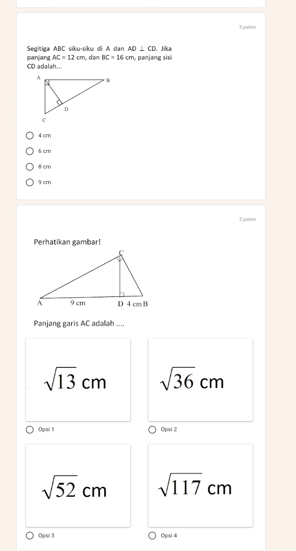 Segitiga ABC siku-siku di A dan AD⊥ CD. Jika
panjang AC=12cm , dan BC=16cm , panjang sisi
CD adalah...
4 cm
6 cm
8 cm
9 cm
5 points
Perhatikan gambar!
Panjang garis AC adalah ....
sqrt(13)cm sqrt(36)cm
Opsi 1 Opsi 2
sqrt(52)cm sqrt(117)cm
Opsi 3 Opsi 4