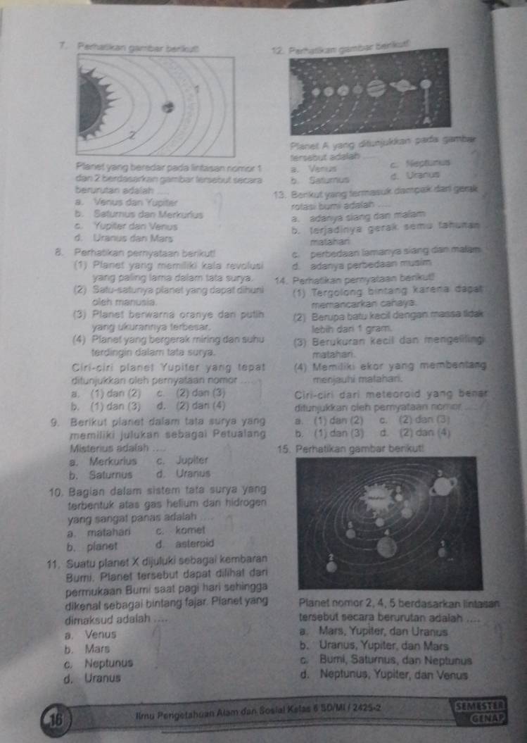 Perhatikan gambar berikut!
Planet A yang ditunjukkaar
Planet yang beredar pada lintaşan nomor 1 a. Verus fersabut adalah_
dan 2 berdasarkan gámbar lersebut secara b. Satumus c. Neptunus d. Uranus
berurutan adalah_
13. Benkut yang termasuk dampak dari gerak
a. Venus dan Yupiter
rolasi bumi adalah
b. Saturnus dan Merkurius
a. adanya slang dan malam
c. Yupiter dan Venus
b. terjadinya gerak semu tahuman
d. Uranus dan Mars
matahan
8. Perhatikan pernyataan berikut! c perbedaan ləmanya siang dan malam
(1) Planet yang memiliki kala revolusi d. adanya perbedaan musim
yang paling lama dalam tata surya.
(2) Satu-satunya planet yang dapat dihuni 14. Perhatikan pemyataan berkut!
oleh manusia. (1) Tergolong bintang karena dapat
memancarkan cañaya.
(3) Planet berwarna oranye dan putih (2) Berupa batu kecil dangan massa tidak
yang ukurannya terbesar. lebih dari 1 gram.
(4) Planet yang bergerak miring dan suhu (3) Berukuran kecil dan mengelilingi
terdingin dalam tata surya. matahan.
Ciri-ciri planet Yupiter yang tepat (4) Memiliki ekor yang membentan
ditunjukkan oleh pernyataan nomor menjauhi matahani.
a. (1) dan (2) c. (2) dan (3)  Ciri-ciri dari meteoroid yang bener
b. (1) dan (3) d. (2) dan (4) ditunjukkan cleh pemyataan nomor
9. Berikut planet dalam tata surya yang a. (1) dan (2) c. (2) dan (3)
memiliki julukan sebagai Petualang b. (1) dan (3) d. (2) dan (4)
Misterius adalah _15. Perhatikan gambar benikut!
a. Merkurius c. Jupiter
b. Saturnus d. Uranus
10. Bagian dalam sistem tata surya yang
terbentuk atas gas helium dan hidrogen
yang sangat panas adalah
a. matahari c. komet
b. planet d. asteroid
11. Suatu planet X dijuluki sebagai kembaran
Bumi, Planet tersebut dapat dilihat dari
permukaan Bumi saat pagi hari sehingga
dikenal sebagai bintang fajar. Planet yang Planet nomor 2, 4, 5 berdasarkan lintasan
dimaksud adalah .... tersebut secara berurutan adaiah
a. Venus a. Mars, Yupiter, dan Uranus
b. Mars b. Uranus, Yupiter, dan Mars
c. Neptunus c. Bumi, Saturnus, dan Neptunus
d. Uranus d. Neptunus, Yupiter, dan Venus
16 Ilmu Pergetshuan Alam dan Sosial Kelas 6 SD/MI / 2425-2
GENAP