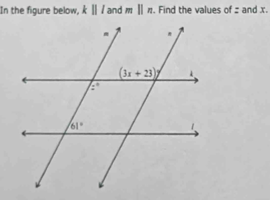 In the figure below, kparallel l and mparallel n. Find the values of  and x.