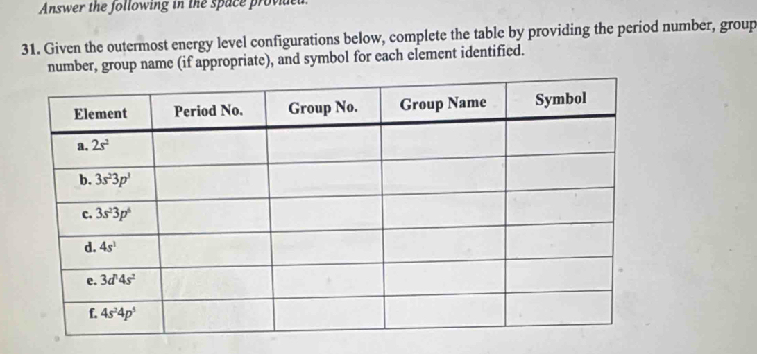 Answer the following in the space provided.
31. Given the outermost energy level configurations below, complete the table by providing the period number, group
number, group name (if appropriate), and symbol for each element identified.