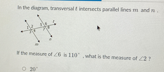 In the diagram, transversal t intersects parallel lines m and n. If the ...