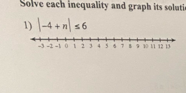 Solve each inequality and graph its soluti 
1) |-4+n|≤ 6